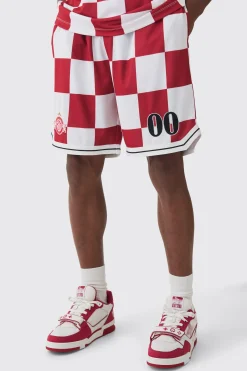 Checkerboard Embroidered Pique Long Length Basketball Shorts | BoohooMAN UK