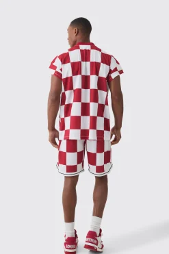 Checkerboard Embroidered Pique Long Length Basketball Shorts | BoohooMAN UK