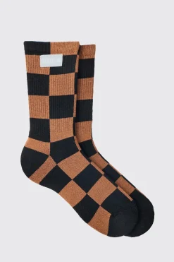 Checkerboard Socks In Black | BoohooMAN UK