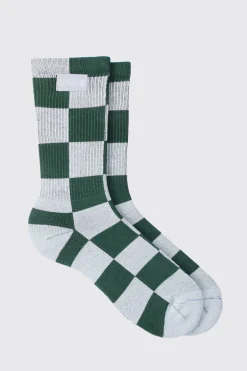 Checkerboard Socks In Green | BoohooMAN UK