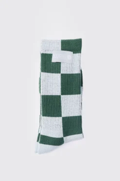 Checkerboard Socks In Green | BoohooMAN UK