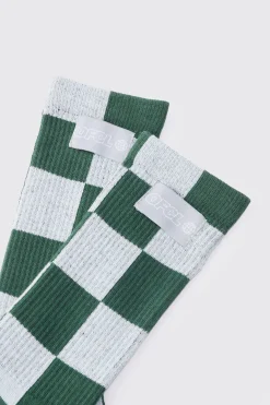 Checkerboard Socks In Green | BoohooMAN UK