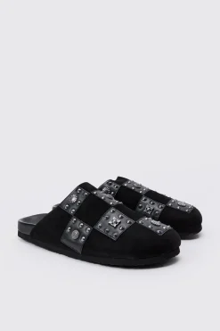 Checkered Metal Detail Mule In Black | BoohooMAN UK