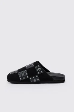 Checkered Metal Detail Mule In Black | BoohooMAN UK