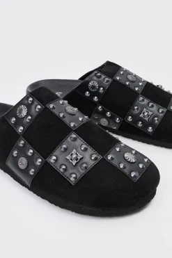 Checkered Metal Detail Mule In Black | BoohooMAN UK