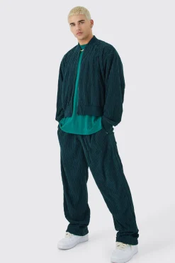 Chenille Rib Boxy Bomber Jacket & Relaxed Waist Trouser Set | BoohooMAN UK