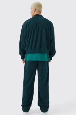 Chenille Rib Boxy Bomber Jacket & Relaxed Waist Trouser Set | BoohooMAN UK