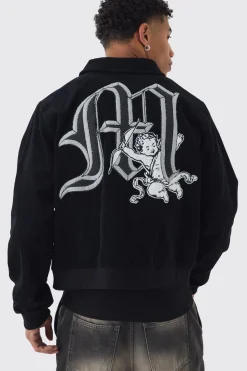 Cherub Badge Cord Zip Through Harrington In Black | BoohooMAN UK