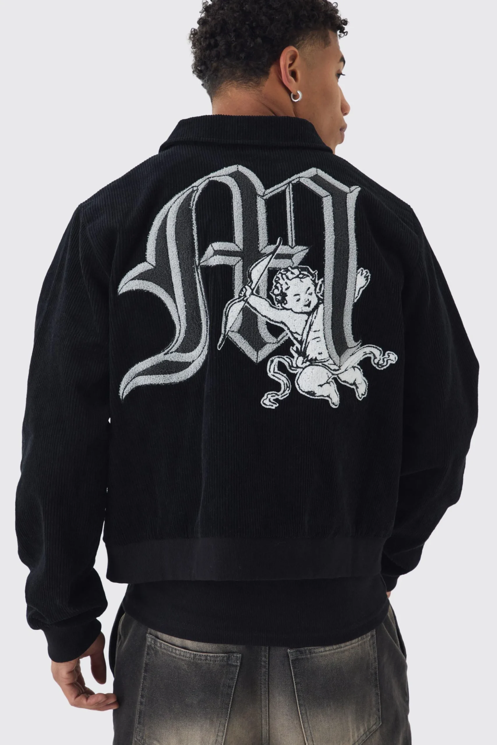 Cherub Badge Cord Zip Through Harrington In Black | BoohooMAN UK