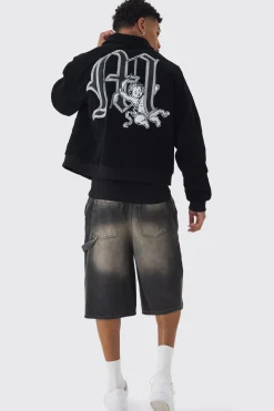 Cherub Badge Cord Zip Through Harrington In Black | BoohooMAN UK