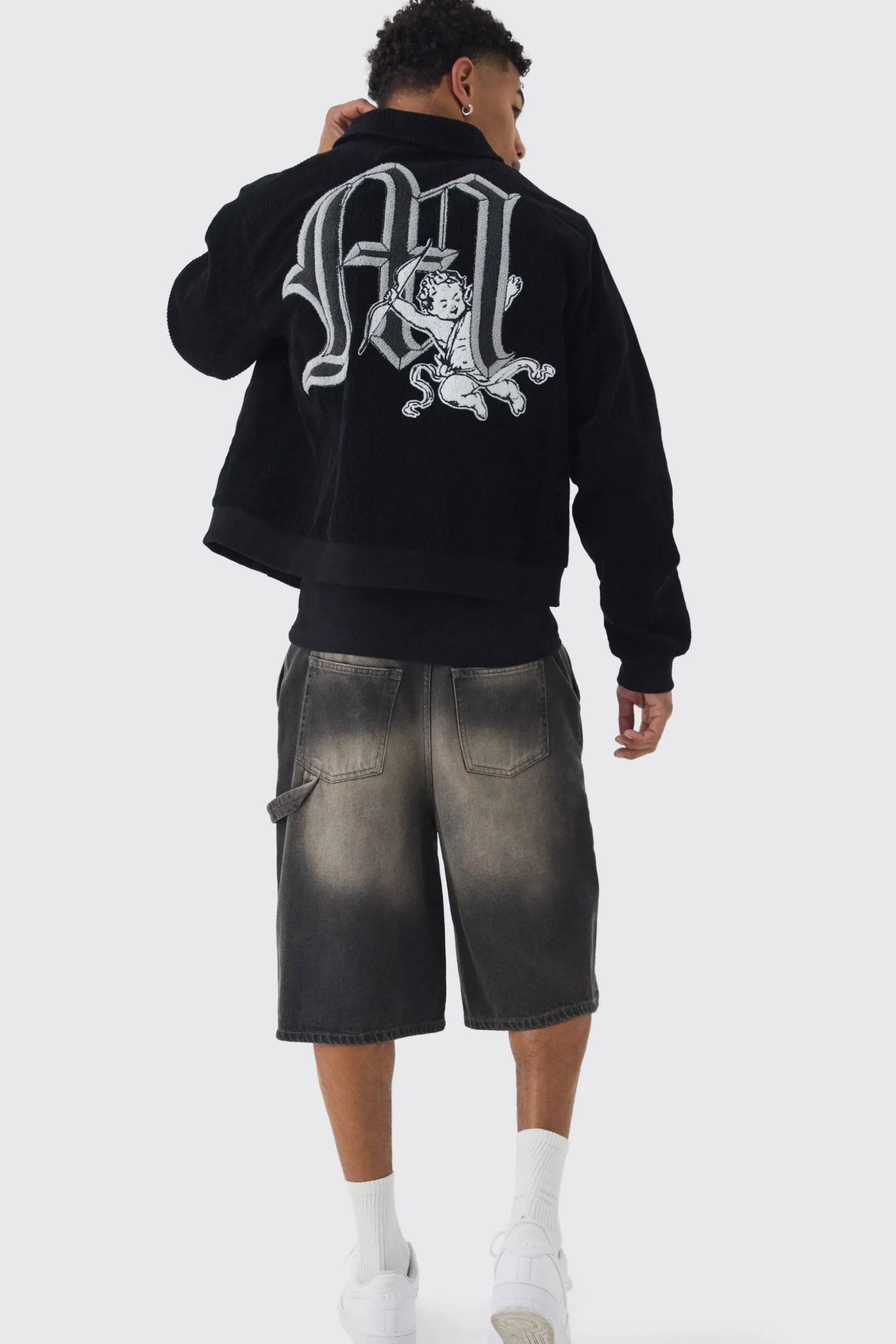 Cherub Badge Cord Zip Through Harrington In Black | BoohooMAN UK