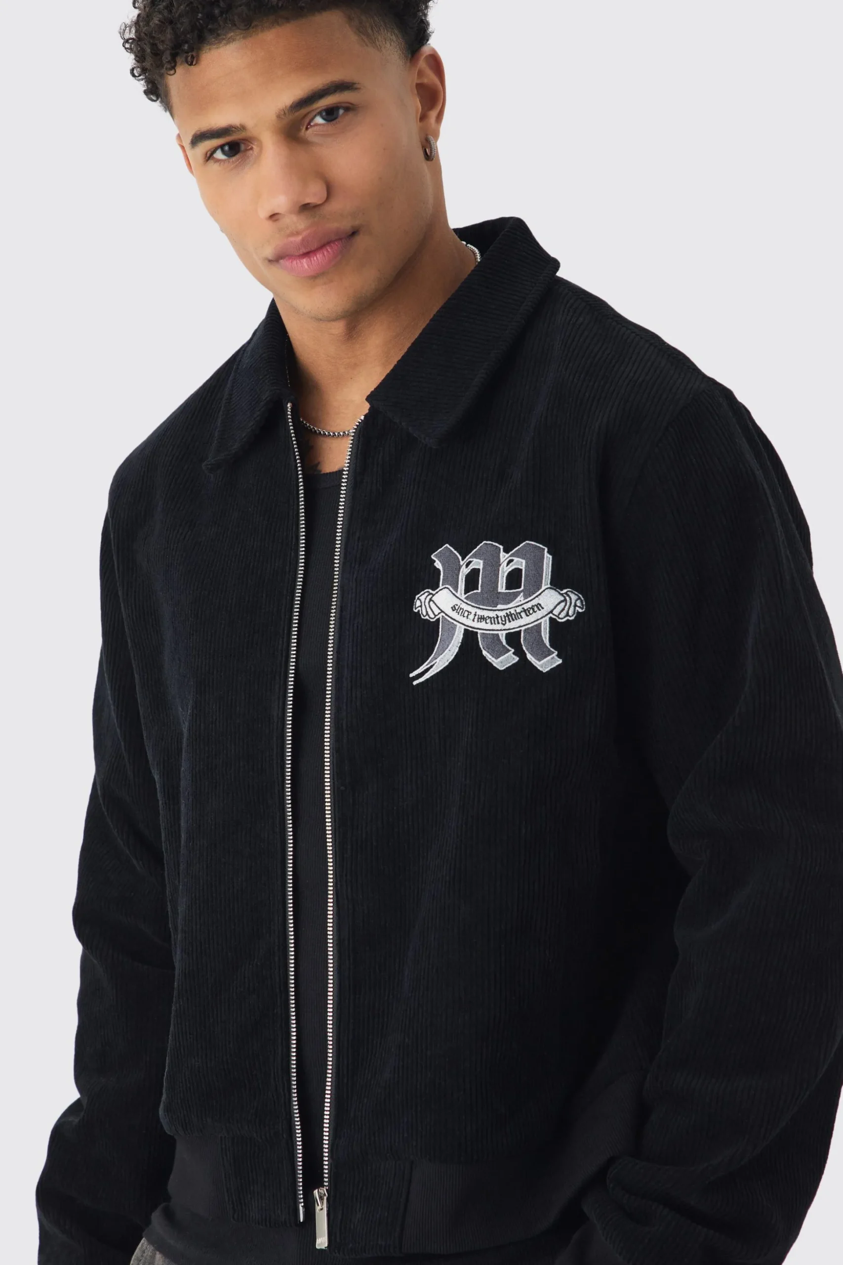 Cherub Badge Cord Zip Through Harrington In Black | BoohooMAN UK