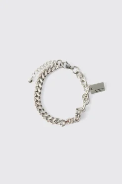 Chunky Chain Bracelet With Charm In Silver | BoohooMAN UK