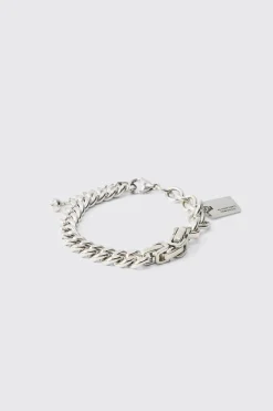 Chunky Chain Bracelet With Charm In Silver | BoohooMAN UK