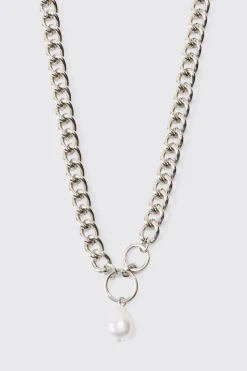Chunky Chain Pearl Pendant Necklace | BoohooMAN UK