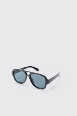 Chunky Plastic Aviator Sunglasses In Black | BoohooMAN UK