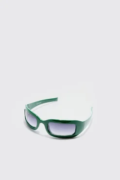 Chunky Wrap Around Rectangle Sunglasses In Green | BoohooMAN UK