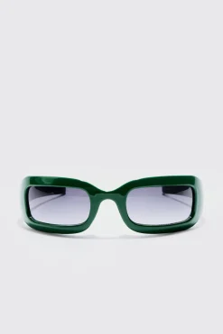 Chunky Wrap Around Rectangle Sunglasses In Green | BoohooMAN UK