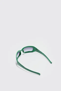 Chunky Wrap Around Rectangle Sunglasses In Green | BoohooMAN UK
