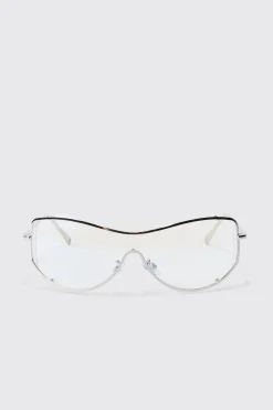 Clear Lens Visor Sunglasses In Silver | BoohooMAN UK
