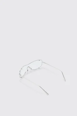 Clear Lens Visor Sunglasses In Silver | BoohooMAN UK