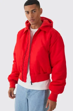 Collared Nylon Boxy Bomber With Jersey Hood In Red | BoohooMAN UK