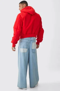 Collared Nylon Boxy Bomber With Jersey Hood In Red | BoohooMAN UK