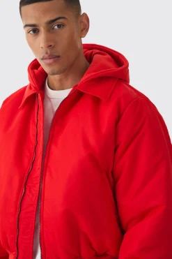 Collared Nylon Boxy Bomber With Jersey Hood In Red | BoohooMAN UK