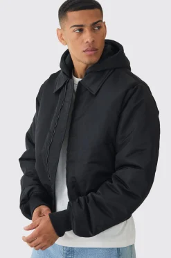 Collared Nylon Boxy Bomber With Jersey Hood In Black | BoohooMAN UK