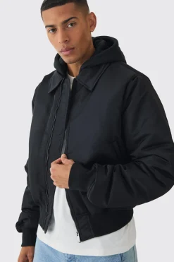 Collared Nylon Boxy Bomber With Jersey Hood In Black | BoohooMAN UK