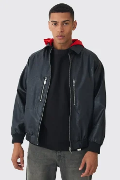 Collared Pu Bomber Jacket With Detachable Hood In Black | BoohooMAN UK