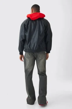 Collared Pu Bomber Jacket With Detachable Hood In Black | BoohooMAN UK