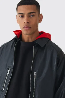 Collared Pu Bomber Jacket With Detachable Hood In Black | BoohooMAN UK