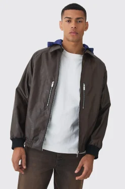 Collared Pu Bomber Jacket With Detachable Hood In Brown | BoohooMAN UK