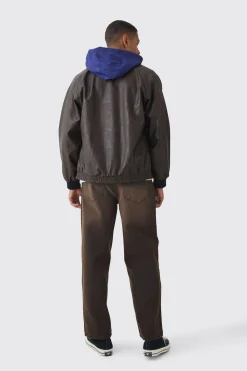 Collared Pu Bomber Jacket With Detachable Hood In Brown | BoohooMAN UK