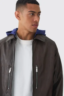 Collared Pu Bomber Jacket With Detachable Hood In Brown | BoohooMAN UK