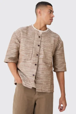 Collarless Drop Shoulder Oversized Boucle Shirt | BoohooMAN UK