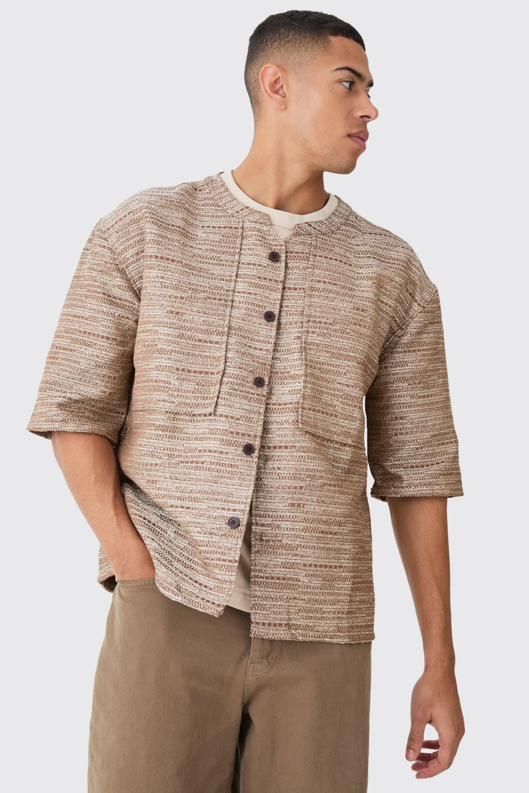 Collarless Drop Shoulder Oversized Boucle Shirt | BoohooMAN UK