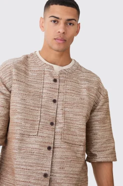 Collarless Drop Shoulder Oversized Boucle Shirt | BoohooMAN UK