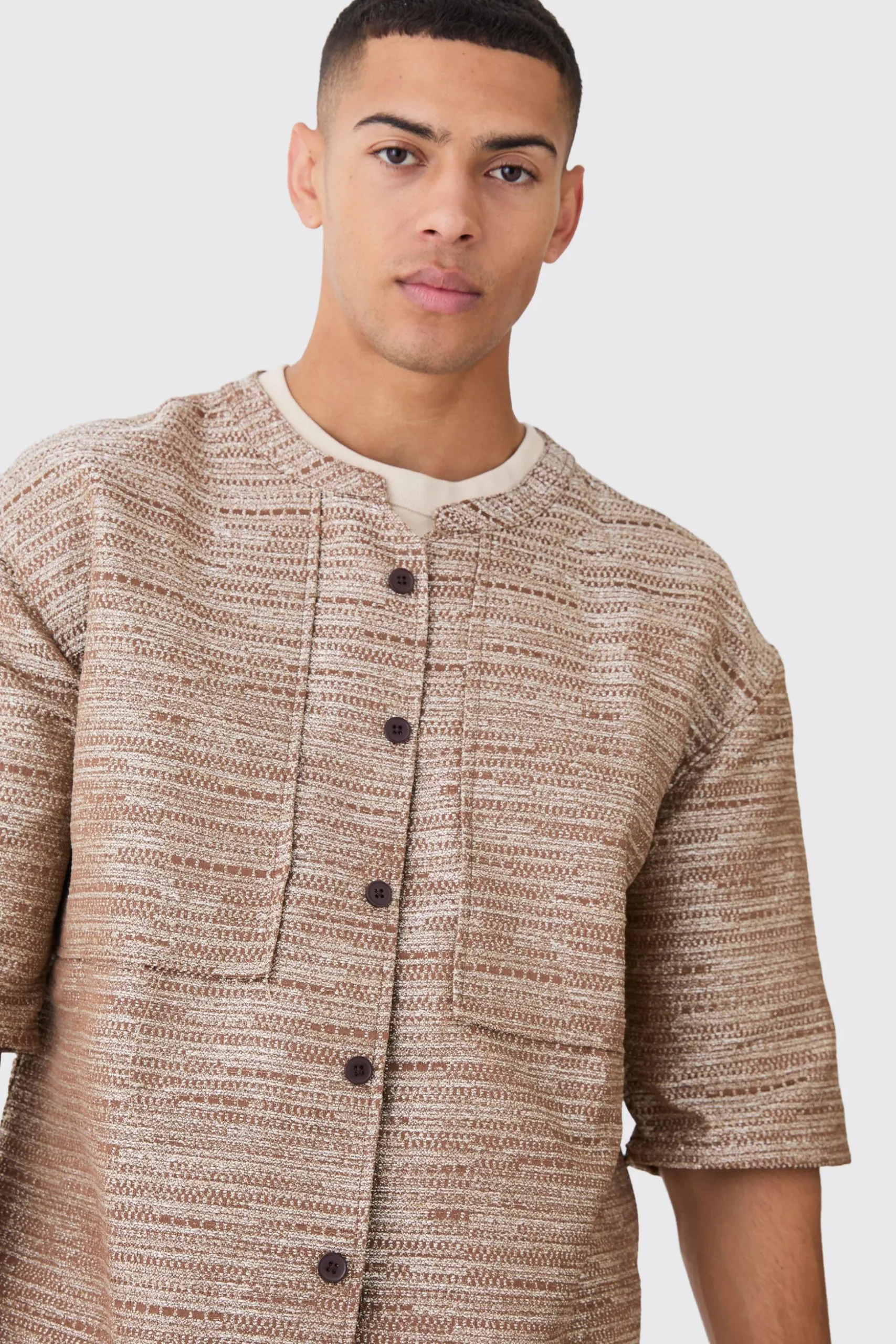 Collarless Drop Shoulder Oversized Boucle Shirt | BoohooMAN UK