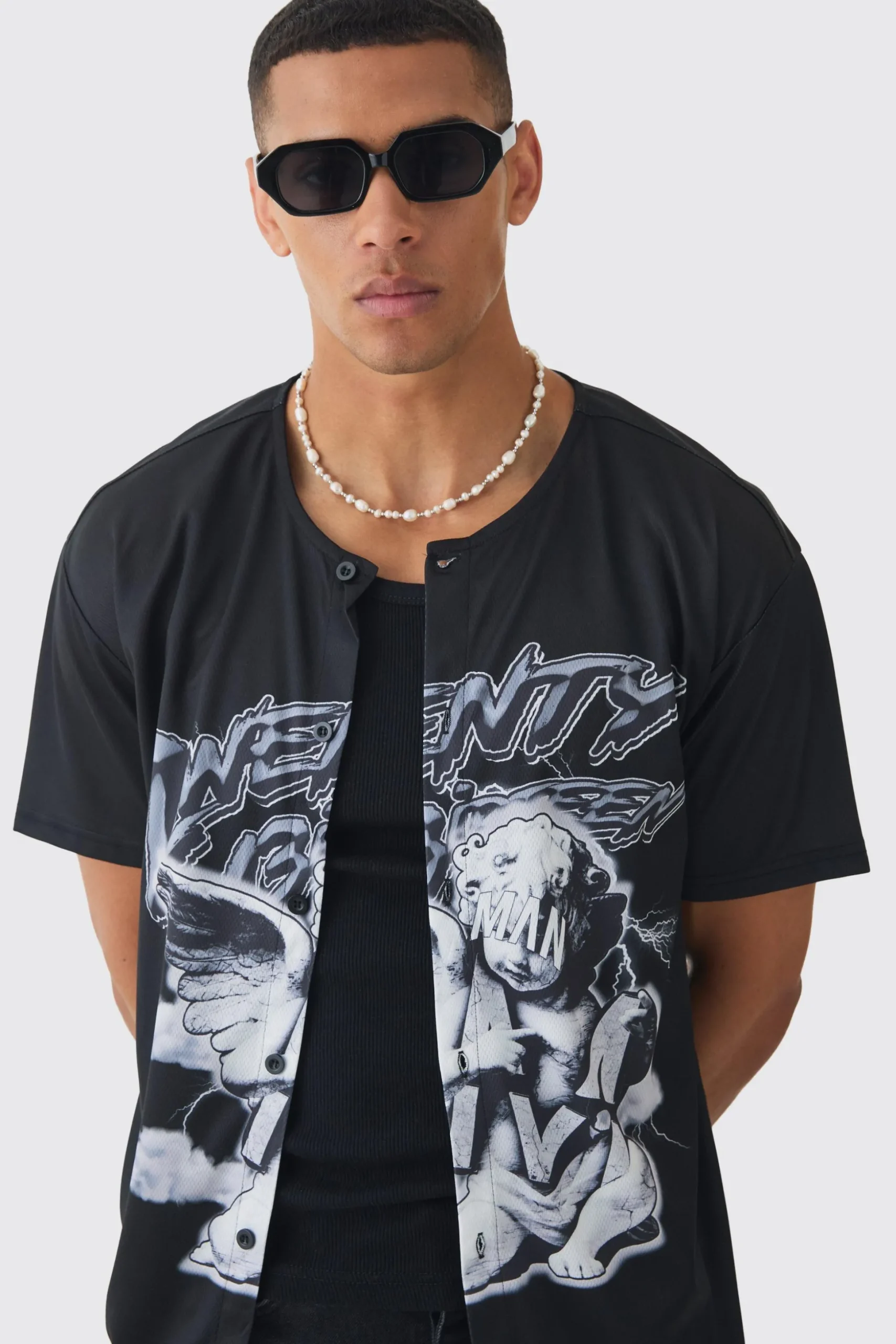 Collarless Mesh Twenty Shirt | BoohooMAN UK