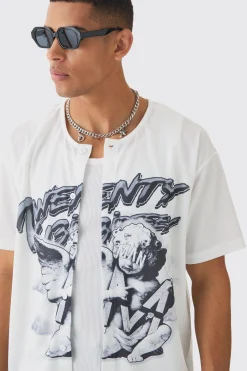 Collarless Mesh Twenty Shirt | BoohooMAN UK