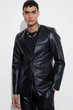 Collarless Pu Slim Fit Suit Jacket | BoohooMAN UK