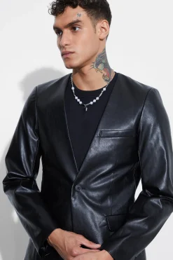 Collarless Pu Slim Fit Suit Jacket | BoohooMAN UK