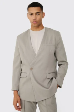 Collarless Straight Blazer | BoohooMAN UK