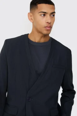 Collarless Straight Blazer | BoohooMAN UK