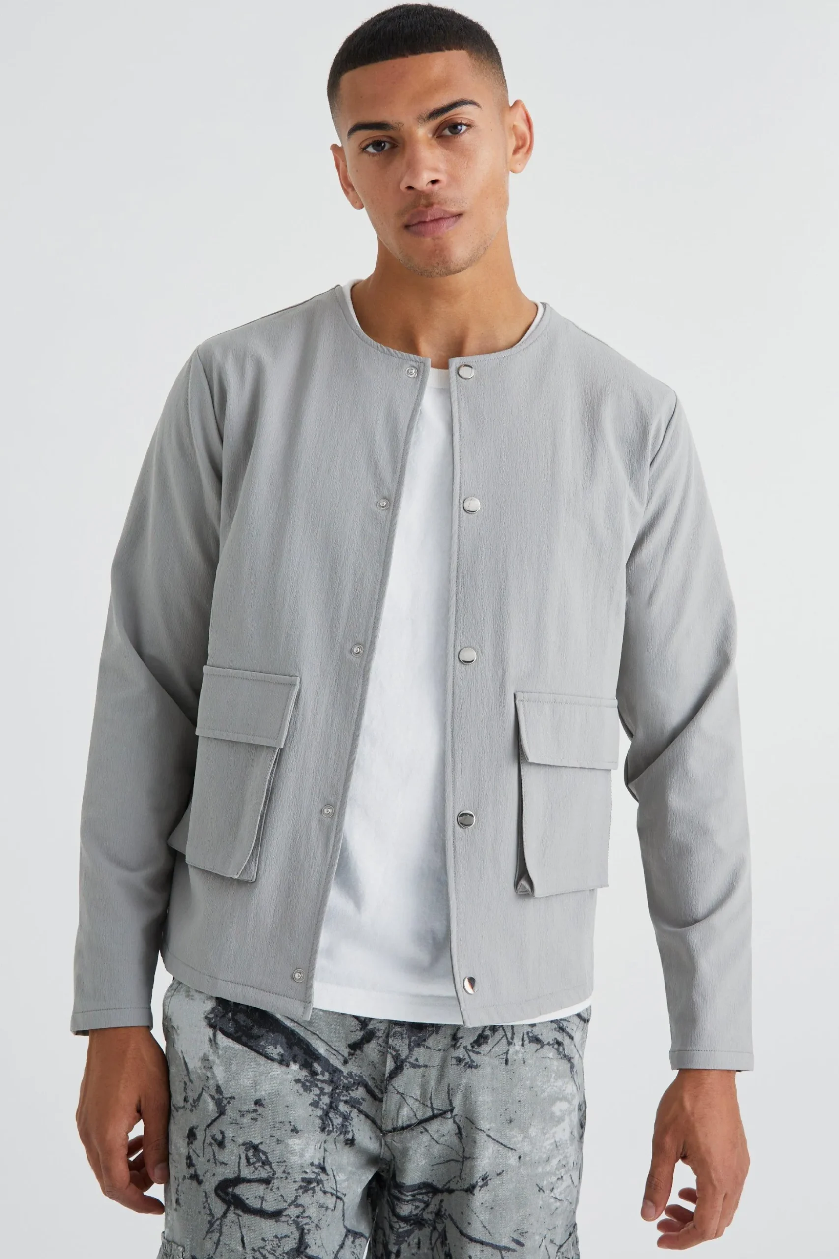 Collarless Technical Stretch Bomber | BoohooMAN UK