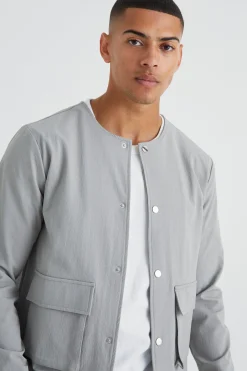 Collarless Technical Stretch Bomber | BoohooMAN UK