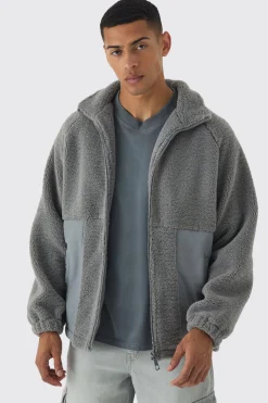 Colour Block Borg And Nylon Jacket In Grey | BoohooMAN UK