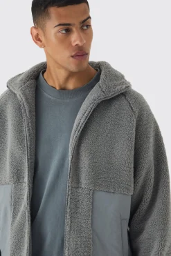 Colour Block Borg And Nylon Jacket In Grey | BoohooMAN UK